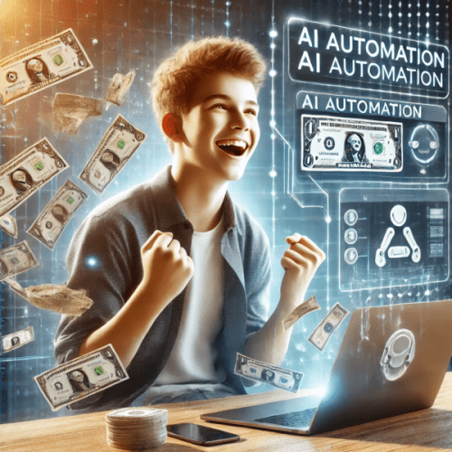 A joyful teenager celebrating in front of a laptop, surrounded by flying dollar bills and digital automation graphics.