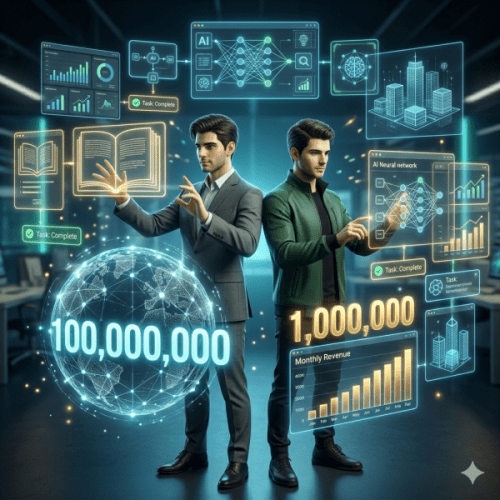 Two young men standing side by side in a high-tech environment, one in a suit and the other in a casual jacket, surrounded by holographic displays showing data analytics, graphs, and metrics, including '100,000,000' and '1,000,000' along with task completion statuses.