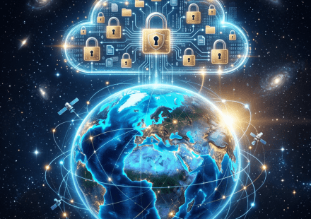 Earth surrounded by satellite connections linked to a cloud with multiple padlocks and digital icons