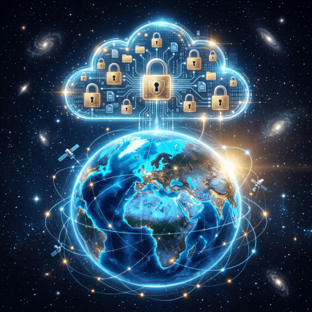 Earth surrounded by satellite connections linked to a cloud with multiple padlocks and digital icons
